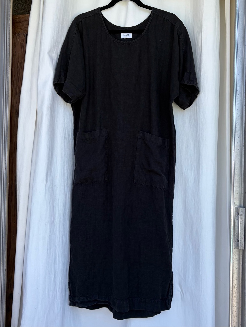 MATE the Label Black 100% Organic Linen Midi Dress w/ Front Pockets, Boho Summer